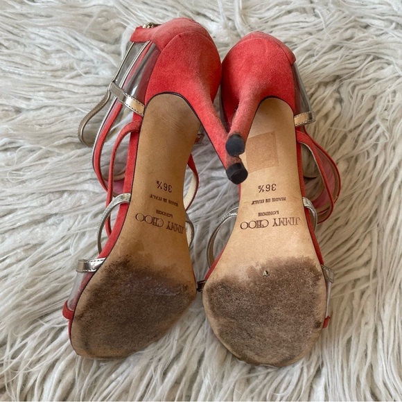 Jimmy Choo Red Multicolor Suede PVC Perspex Mai Tai Heeled Open Toe Sandals 36.5 - Picture 7 of 10